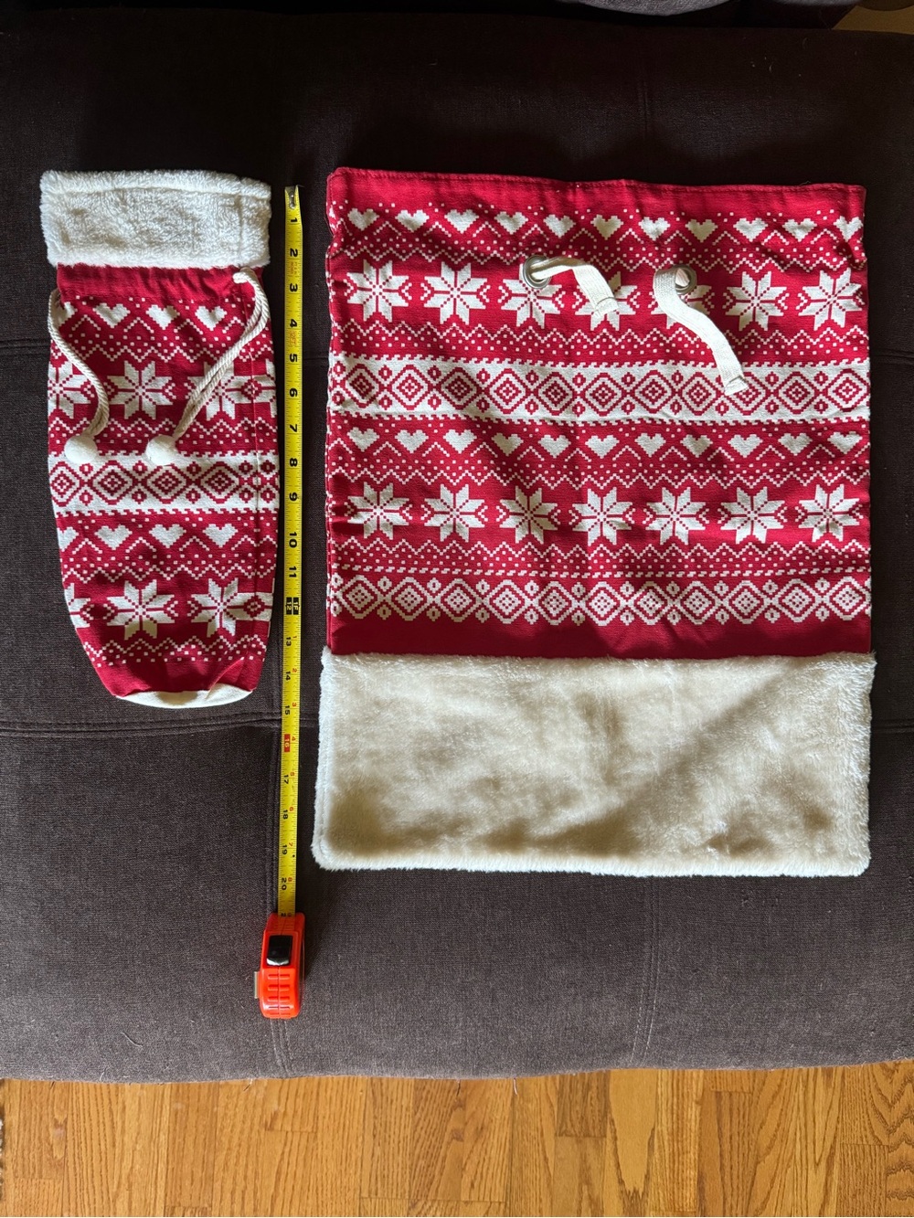 Christmas Fair Isle Drawstring Santa Bag Faux Fur Trim  EUC